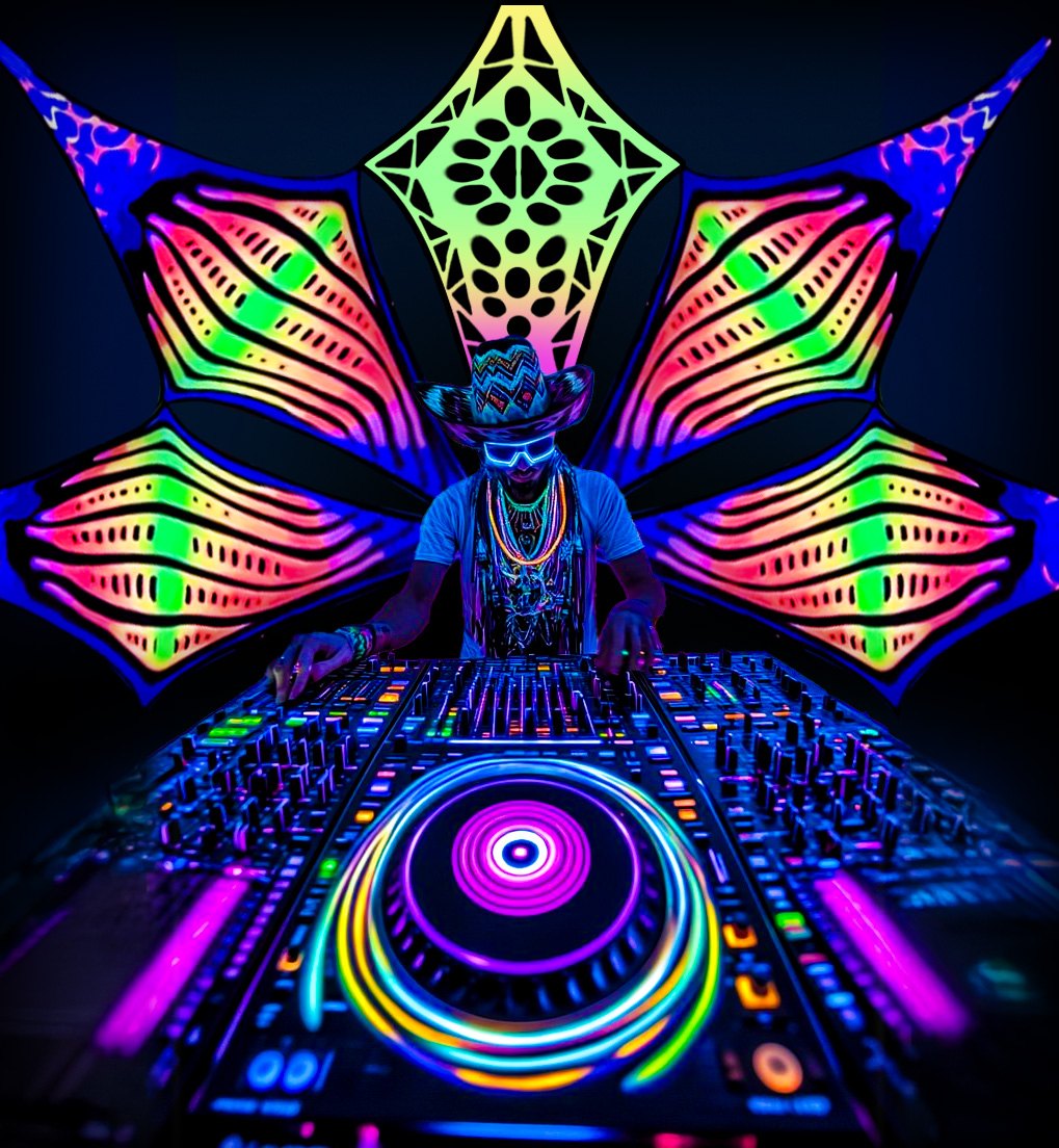 UV-reactive DJ installation with luminous stage artwork