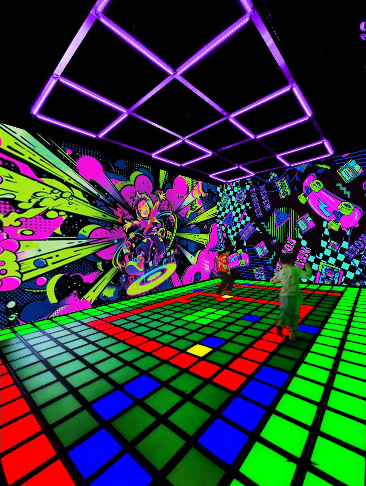 Immersive play room with UV-reactive floor and wall graphics